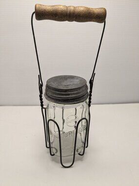 Vtg. Samco Genuine Mason Jar Steel Holder Wooden Handle Zinc Lid Moonshine Caddy